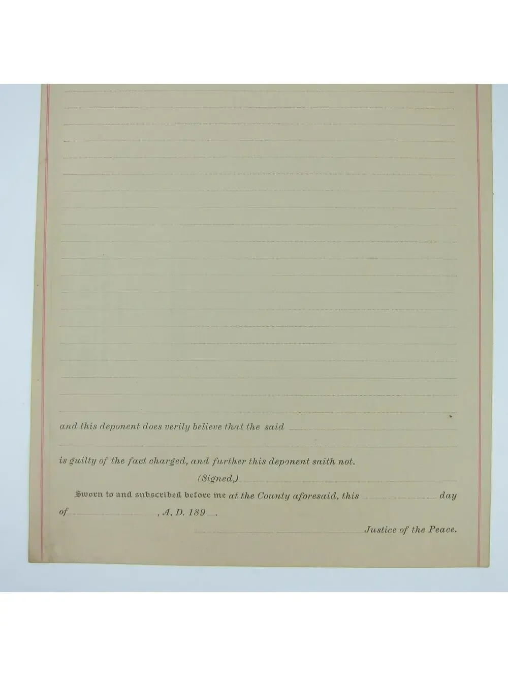 1890s Ohio Affidavit For State Warrant Record Form Blank Justice Antique RARE